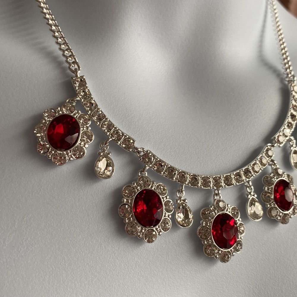 Sparkle Rhinestone Red Necklace and Pierced Earrings/Bracelet